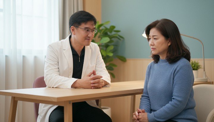 溫馨諮商室內醫師關懷更年期憂鬱患者 陽光灑入窗邊象徵走出更年期憂鬱陰霾 家人緊握雙手給予更年期憂鬱女性支持 專業荷爾蒙檢測報告改善更年期憂鬱 熟齡女性在草地上散步克服更年期憂鬱