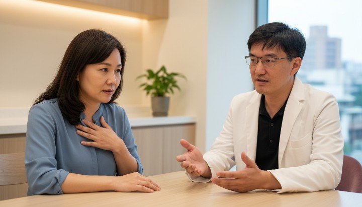 熟齡女性與醫師諮詢更年期緩解方案 醫師圖解分析更年期與自律神經關係 透過專業HRV檢測改善更年期不適 練習深層腹式呼吸穩定更年期情緒