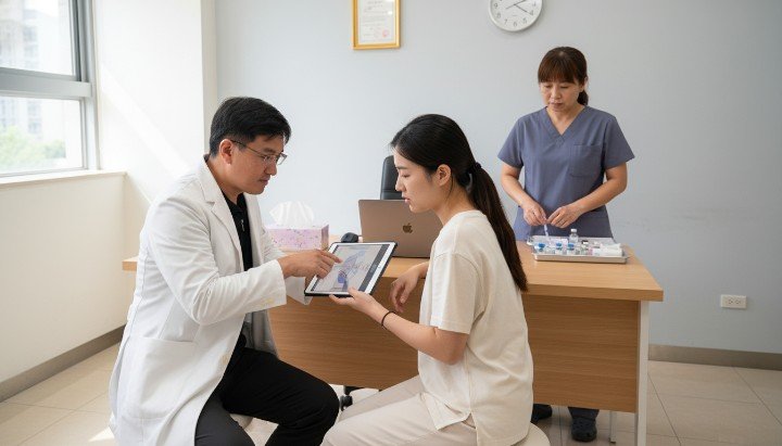 - 醫師於診間操作專業減肥針打法 - 腹部皮下注射部位減肥針打法示範 - 醫護人員說明正確減肥針打法步驟 - 輕捏腹部脂肪進行無痛減肥針打法