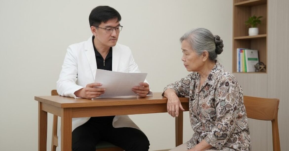 吳紹琥醫師在診所裡與患者討論健康飲食的隱藏風險，光線柔和，氣氛輕鬆