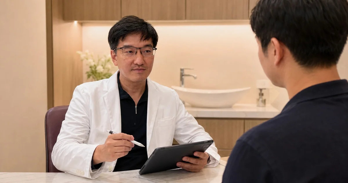 吳芮醫師細心評估患者臉部狀況,解說填充物混打的優缺點與注意事項。