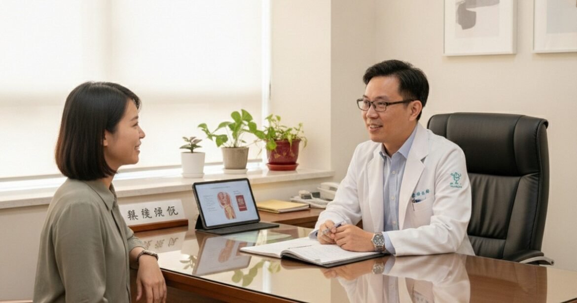 吳芮醫師在診間親切推薦懶人包，講解肌膚問題